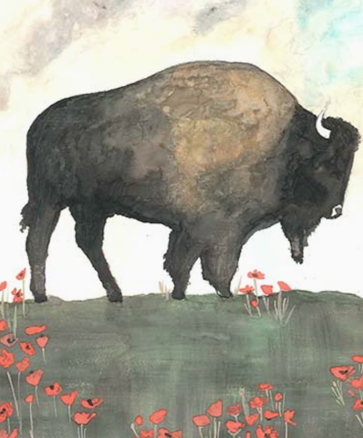 Tea Towel-Buffalo in Poppies Cotton Floursack Towel By Dolly Estelle