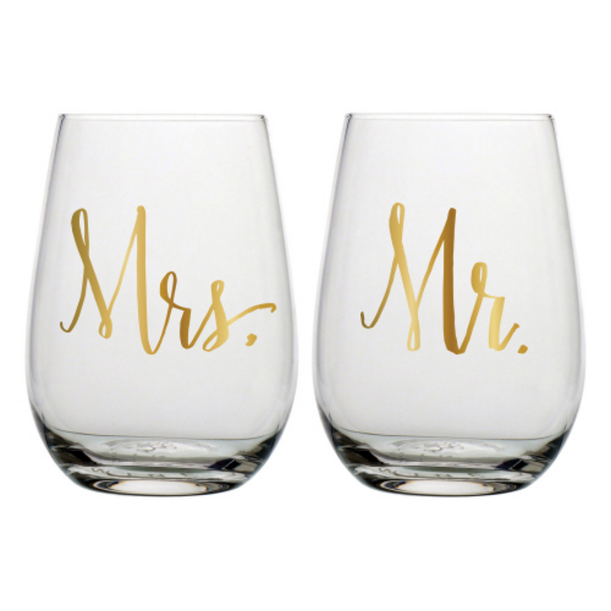 Mr. & Mrs. Stemless Wine Glass